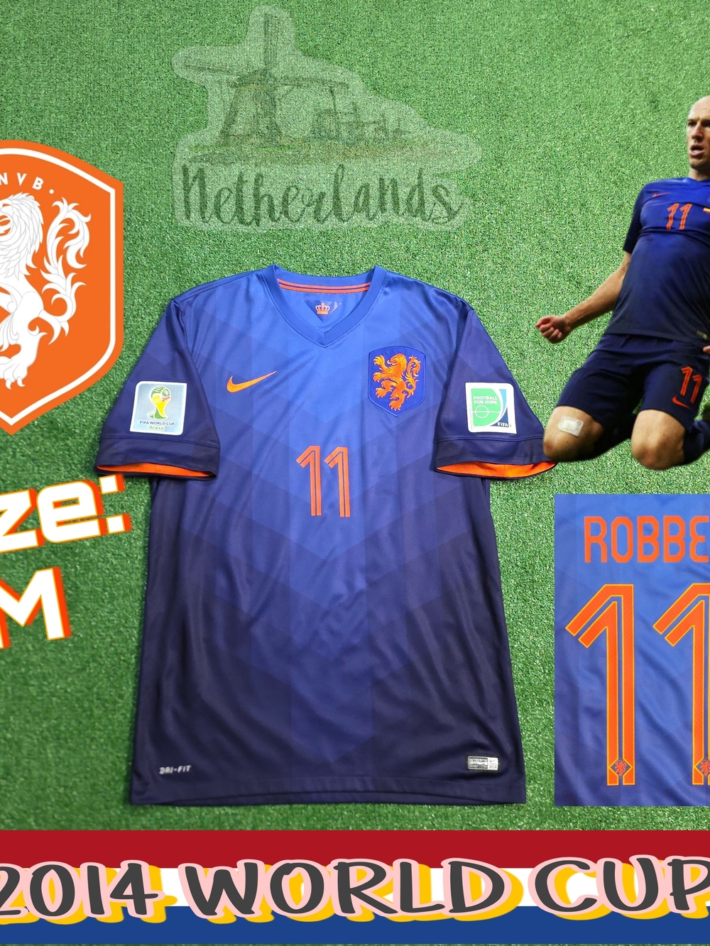 Nike Netherlands Arjen Robben #11 2014 World Cup Away Jersey Holland Medium